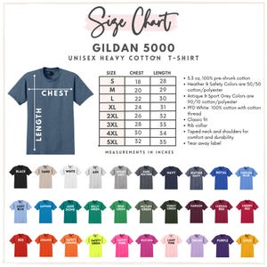 May include: A Gildan 5000 unisex heavy cotton t-shirt size chart with a blue t-shirt graphic, a table listing chest and length measurements in inches for sizes S to 5XL, and a grid of 40 different colored t-shirt icons with labels.