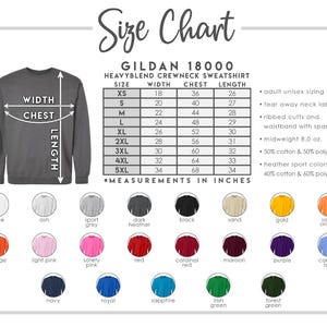 May include: A Gildan 18000 Heavyblend crewneck sweatshirt size chart featuring a dark gray sweatshirt illustration, a measurement table in inches for sizes XS to 5XL, and a color palette of twenty-two circular fabric swatches.