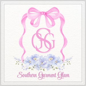 May include: A square graphic featuring a pink ribbon bow at the top, a central pink monogram with the letters GSG, and a cluster of light blue flowers at the bottom. The text Southern Garment Glam is printed in pink at the base.