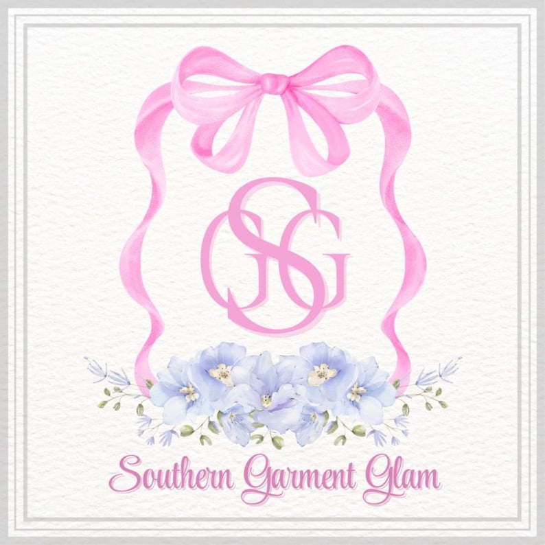 May include: A square graphic featuring a pink ribbon bow at the top, a central pink monogram with the letters GSG, and a cluster of light blue flowers at the bottom. The text Southern Garment Glam is printed in pink at the base.