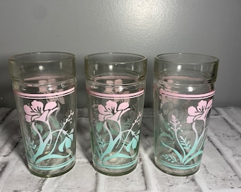 Vintage Anchor Hocking Pink Floral Jelly Jar Glasses Set of 3