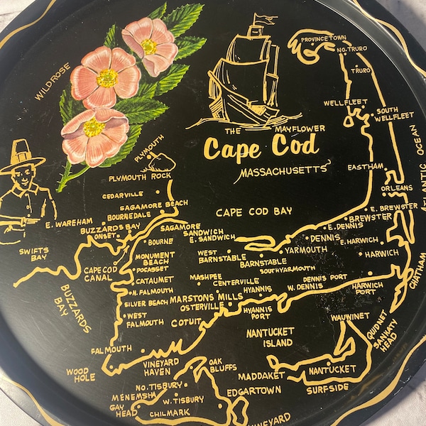 Vintage Collectible Cape Cod Massachusetts Black Metal Souviner Serving Tray Decor Plate