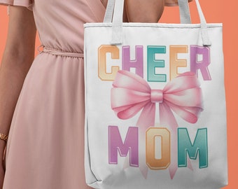 Cheer Mom Coquette Style Tote Bag, Double-Sided Pink Bow Print, Durable Eco-Friendly Carryall, Cheer Competition Bag, Mother's Day Gift
