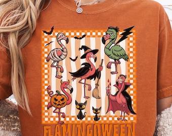 Flamingoween Comfort Colors Funny Halloween Flamingo T-Shirt, Retro Spooky Bird Tee, Cute Mummy Vampire Witch Flamingos, Fall Shirt Design