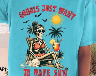 Ghouls Just Want to Have Sun Comfort Colors T-Shirt, Funny Summerween Shirt, Skeleton Beach Tee, Halloween Beach Vibe Tshirt, Oversized Top