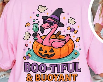 Halloween Flamingo Comfort Colors T-Shirt, Funny Spooky Pool Float TShirt, Cute Summerween Tee, Summer Halloween Beach Shirt Front and Back