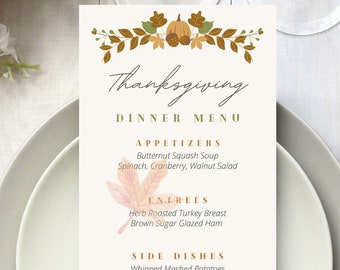 May include: A Thanksgiving dinner menu featuring a watercolour illustration of pumpkins, leaves, and mushrooms. The menu includes starters, main courses, side dishes, and desserts.
