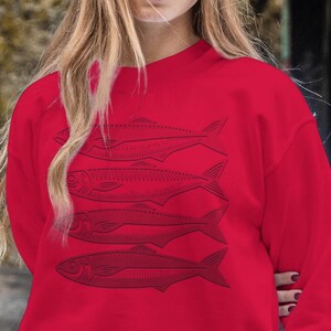 Sardine Sweatshirt, fisherman aesthetic, seafood sweater, oceancore aesthetic, mermaidcore, fading fish design, plus sizes, tinned fish