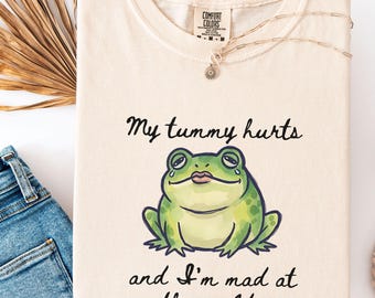 „Mein Bauch tut weh“-Frosch-T-Shirt in Wohlfühlfarben, lustiges Frosch-T-Shirt, witziges Tier-Shirt, süßes Meme-T-Shirt, trendiges Oversize-Baumwoll-Shirt