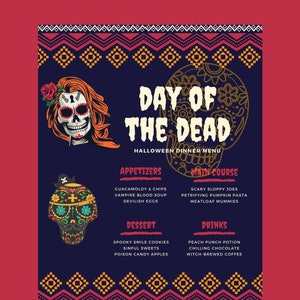 Szablon menu na Dzień Zmarłych, edytowalne menu na Halloween, uczta jesienna, menu cyfrowe, edycja w Canva za darmo, kolacja na Halloween, meksykańskie święto