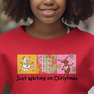 Christmas Youth Crewneck Sweatshirt, Cartoon Style &#39;Just Waiting on Christmas&#39; Gift, Holiday Kids Jumper, Festive Children&#39;s Pullover, Xmas