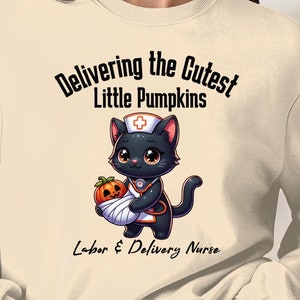 Labor and Delivery Nurse T-Shirt, Cute Cat Nurse with Pumpkin, Perfect Gift for Nurses, Fun Halloween Shirt for Nurses, Doula, plus Sizes