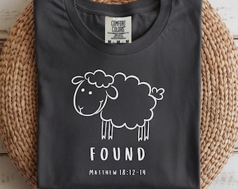 Lost Sheep Found Comfort Colors T-shirt | Christian Bible Verse Tee | Cartoon Lamb Scripture Tee for New Christian | Baptism Gift