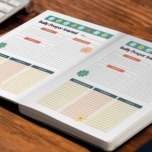 May include: An open daily prayer journal with a teal and white floral design. The journal has sections for gratitude, praise, requests, and concerns.