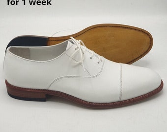 Men's Handmade White Leather Shoes, Handmade Men's Oxford Toe Cap Lace Up Dress Shoes