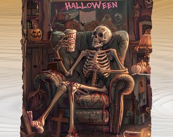 ハロウィーンを待つ PNG、面白いスケルトン PNG、秋のスケルトンコーヒー、ハロウィーンを待つ、コーヒーハロウィーン印刷物、面白いハロウィーンTシャツ