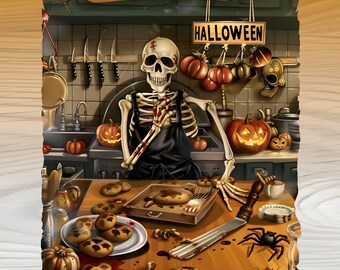 May include: A digital illustration of a skeleton in a kitchen, baking cookies for Halloween. The skeleton wears a black apron and stands behind a wooden counter with cookies, pumpkins, and a spider. Text reads "Funny skeleton PNG" and "Just baking while waiting for Halloween."