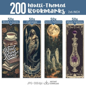 Pacote com 200 marcadores, presente para amantes de livros, marcador de livros de fantasia, imprimível artístico, presente para amantes de livros de fantasia, marcador fofo, design de sublimação
