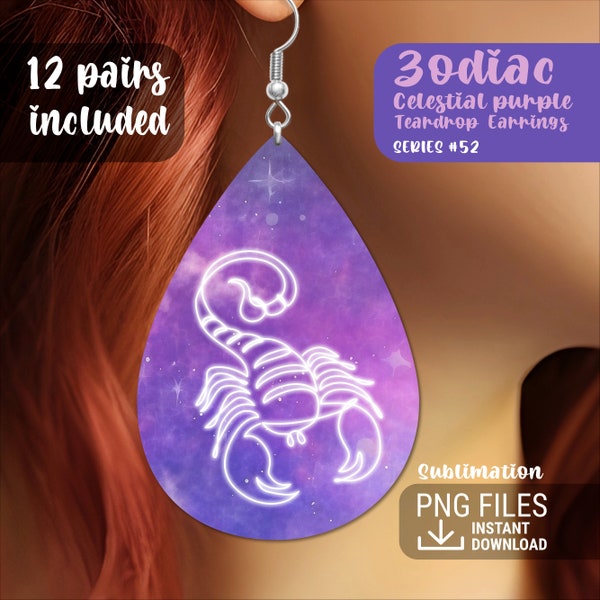 Zodiac Bundle Teardrop Earring PNG, 12 Zodiac Signs Sublimation Bundle, Purple Sublimation Earring Gift, Bundle of 12, Printable Series 52