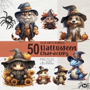 Cute Spooky Cartoon Halloween Clipart Bundle, 50 Cute Halloween characters, Halloween Craft, Halloween Decor, PNG Bundle, Cute Clipart PNG