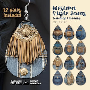 May include: Twelve pairs of teardrop-shaped earrings featuring denim and leather designs. The earrings are inspired by Western style jeans. The text "Western Style Jeans Teardrop Earrings Series #147" is visible in the image.