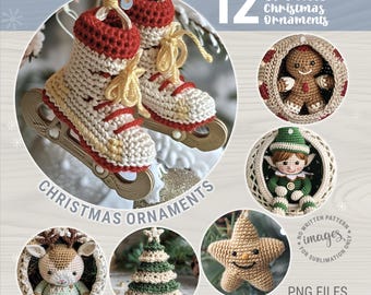 May include: A set of 12 crochet Christmas ornaments, including a gingerbread person, elf, reindeer, star, and Christmas tree. The ornaments are in a variety of colors, including red, green, brown, and white. The image also includes the text "Bundle Series 24 Crochet Christmas Ornaments" and "PNG Files Instant Download".