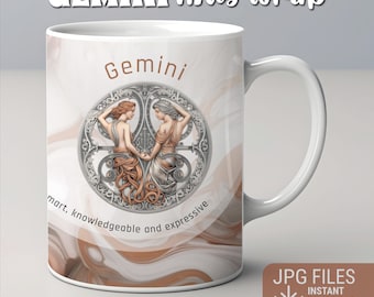 Envoltório de caneca do Zodíaco, design de envoltório de caneca de Gêmeos JPG, envoltório de caneca de signo astrológico, envoltório de caneca de sublimação, download instantâneo, design de caneca do Zodíaco 10-15 onças