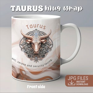 May include: White ceramic mug with a brown and white marbled background. The mug features a gold and silver illustration of a bull's head with ornate details and the word "Taurus" in gold lettering. The text "ant, serene and security-loving" is written in black below the bull's head.