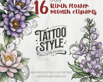 Custom Birth Flower Month PNG to Print, Birth Month Tattoo Design, Birth Flower Tattoo PNG, Flower Floral Tattoo Digital Download PNG