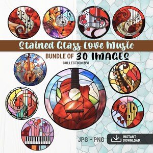 May include: A set of 30 stained glass images featuring musical instruments and notes. The images are in a circular shape and have a variety of colors, including red, blue, green, and yellow. The images are perfect for adding a touch of whimsy and color to any home decor.