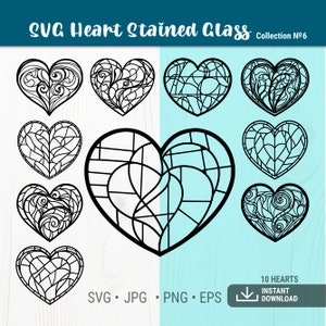 May include: A set of 10 black and white heart-shaped stained glass designs. The designs are intricate and detailed, with a variety of patterns and shapes. The hearts are perfect for use in crafting projects, such as stained glass windows, mosaics, or jewellery.