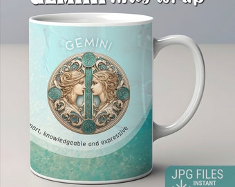 Envoltório de caneca do Zodíaco, design de envoltório de caneca de Gêmeos JPG, envoltório de caneca de signo astrológico, envoltório de caneca de sublimação, download instantâneo, design de caneca do Zodíaco 10-15 onças