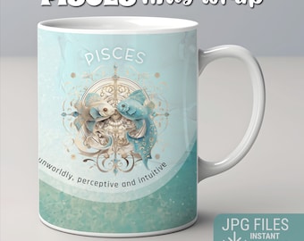 Envoltório de caneca do Zodíaco, design de envoltório de caneca de Peixes JPG, envoltório de caneca de signo astrológico, envoltório de caneca de sublimação, download instantâneo, design de caneca do Zodíaco 10-15 onças