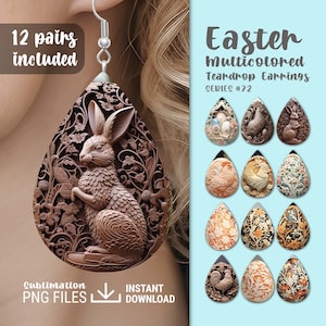 May include: Twelve pairs of teardrop-shaped earrings featuring intricate, multicolored Easter-themed designs. Each earring features a different design, including a rabbit, a rooster, and floral patterns. The earrings are made of a durable material and are perfect for adding a touch of spring to any outfit.