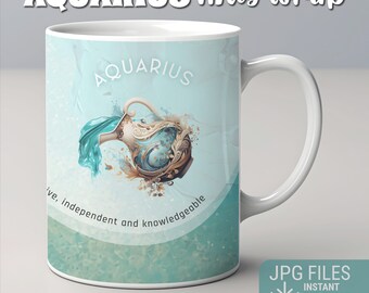 Envoltório de caneca do Zodíaco, design de envoltório de caneca de aquário JPG, envoltório de caneca de signo astrológico, envoltório de caneca de sublimação, download instantâneo, design de caneca do Zodíaco 10-15 onças