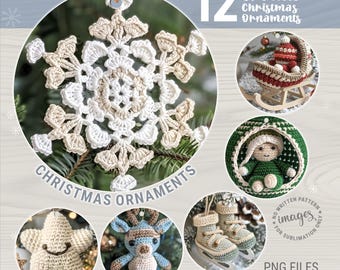 May include: A set of 12 crochet Christmas ornaments, including a snowflake, a reindeer, a star, a baby in a nest, ice skates, and a sleigh. The ornaments are made with white, beige, green, blue, and red yarn. The image includes the text "Bundle Series 25 Crochet Christmas Ornaments" and "PNG Files Instant Download".