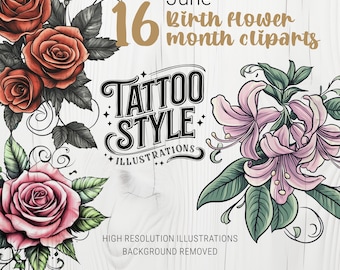 Custom Birth Flower Month PNG to Print, Birth Month Tattoo Design, Birth Flower Tattoo PNG, Flower Floral Tattoo Digital Download PNG