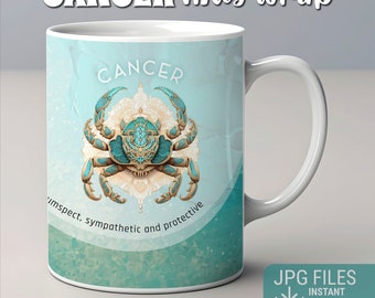 Envoltório de caneca do Zodíaco, design de envoltório de caneca de câncer JPG, envoltório de caneca de signo astrológico, envoltório de caneca de sublimação, download instantâneo, design de caneca do Zodíaco 10-15 onças