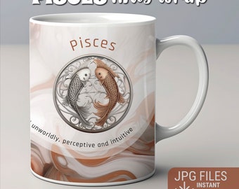 Envoltório de caneca do Zodíaco, design de envoltório de caneca de Peixes JPG, envoltório de caneca de signo astrológico, envoltório de caneca de sublimação, download instantâneo, design de caneca do Zodíaco 10-15 onças