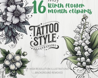 Custom Birth Flower Month PNG to Print, Birth Month Tattoo Design, Birth Flower Tattoo PNG, Flower Floral Tattoo Digital Download PNG