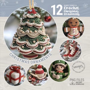May include: A collection of 12 crochet Christmas ornaments. The ornaments include a Christmas tree, gingerbread man, ice skates, a wrapped gift, a hat on a sled, and an elf. The ornaments are in a variety of colors, including green, red, and beige.