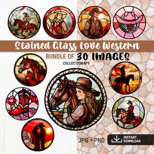 May include: A bundle of 30 stained glass images featuring a western love theme. The images include couples, horses, and cowboy hats. The images are in a circular shape and have a colorful stained glass design.