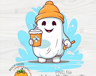 Cute Ghost PNG, Cartoon Halloween Clipart, Coffee PNG Cute Ghost, Cute Fall Decor, Camping Coffee Junkie, Fall Sweatshirt, Ghost Sticker PNG