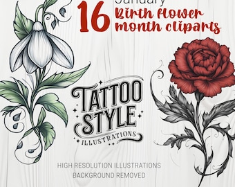 Custom Birth Flower Month PNG to Print, Birth Month Tattoo Design, Birth Flower Tattoo PNG, Flower Floral Tattoo Digital Download PNG