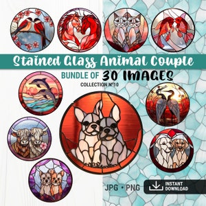 May include: A digital download of 30 stained glass animal couple images. The images feature a variety of animals, including horses, cats, fish, dolphins, cows, dogs, and birds. The images are in a circular format and have a colorful stained glass design.