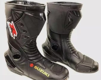 Suzuki Handmade Motorbike Boots|Custom Made Motorbike Racing Riding Leather Boot
