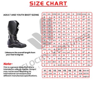 May include: A size chart for adult and youth boots, showing corresponding sizes in US, Australian, Chinese, European, Japanese, Mexican, UK, and other sizing systems. The chart also includes measurements in inches and centimetres.