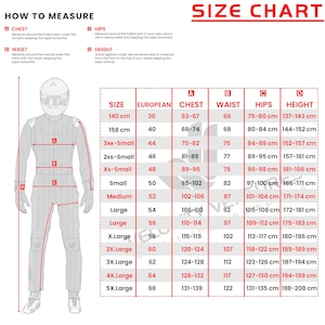 May include: Size chart for racing suits with measurements in centimeters for chest, waist, hips, and height. The chart includes sizes from 3xx-Small to 5X-Large.