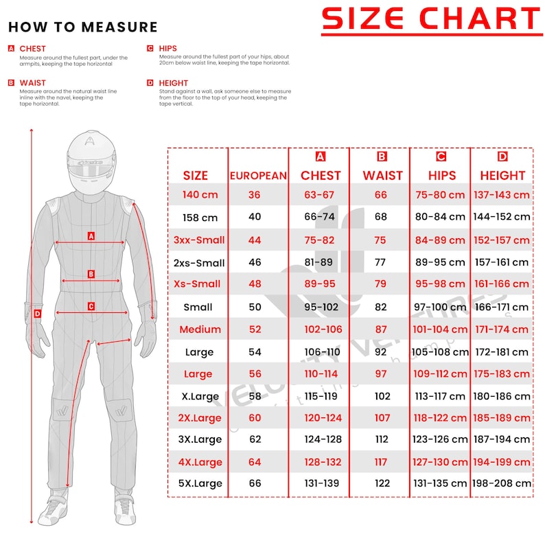 May include: Size chart for racing suits with measurements in centimeters for chest, waist, hips, and height. The chart includes sizes from 3xx-Small to 5X-Large.