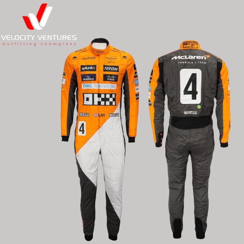 May include: A racing suit in orange, white, and black with the number 4 on the front and back. The suit has several sponsor logos, including "android", "splunk", "Arrow", "Cisco", and "DELL Technologies". The back of the suit has the McLaren Formula 1 Team logo.